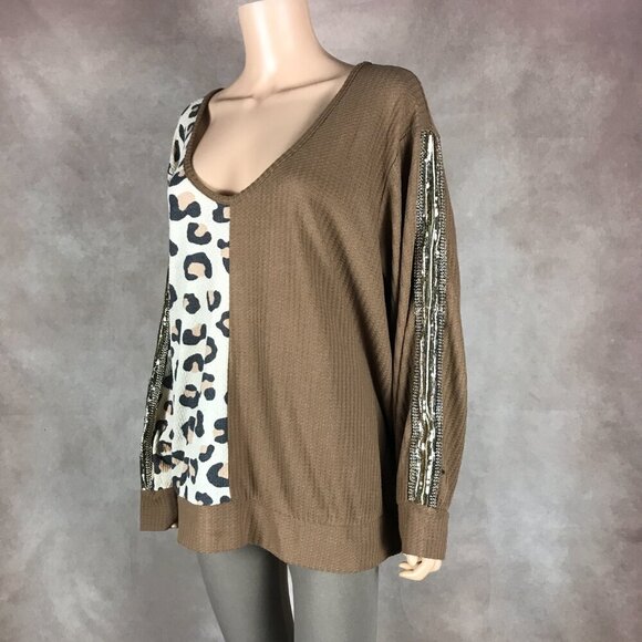 VENUS Sequin Sleeve Animal Print Waffle Knit Top 2X - Picture 5 of 7